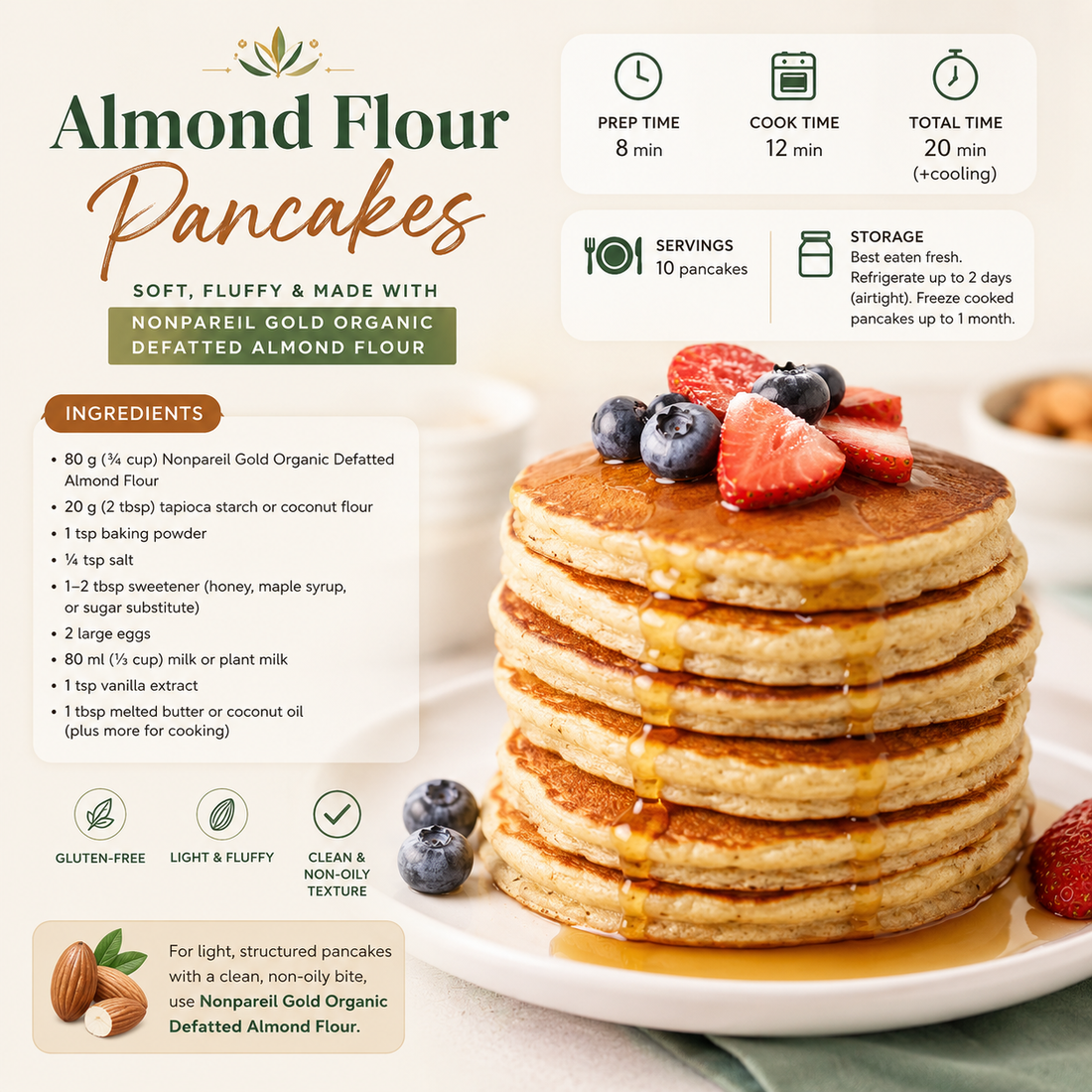 Almond Flour Pancakes (Soft & Fluffy Defatted Style)