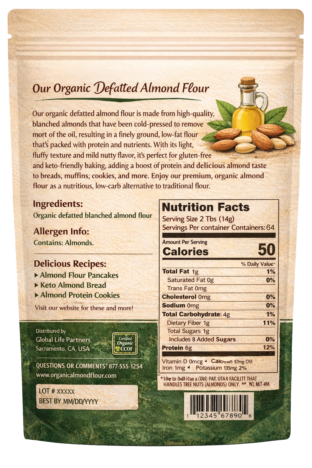 Organic Defatted Almond Flour (2 lb / 907 g)