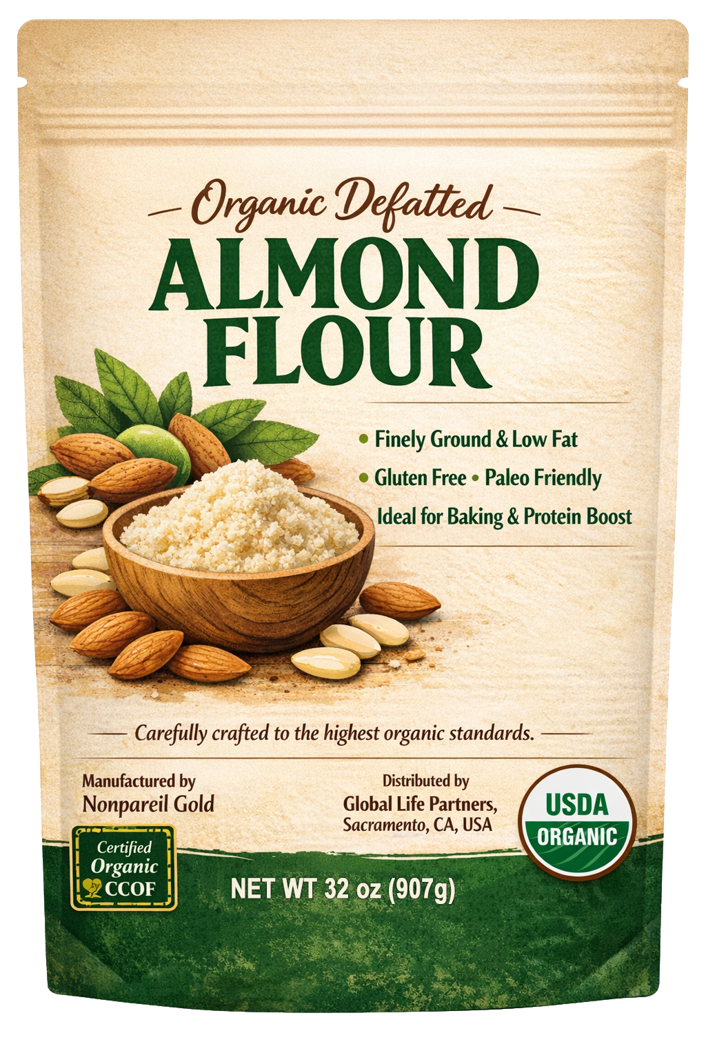 Organic Defatted Almond Flour (2 lb / 907 g)